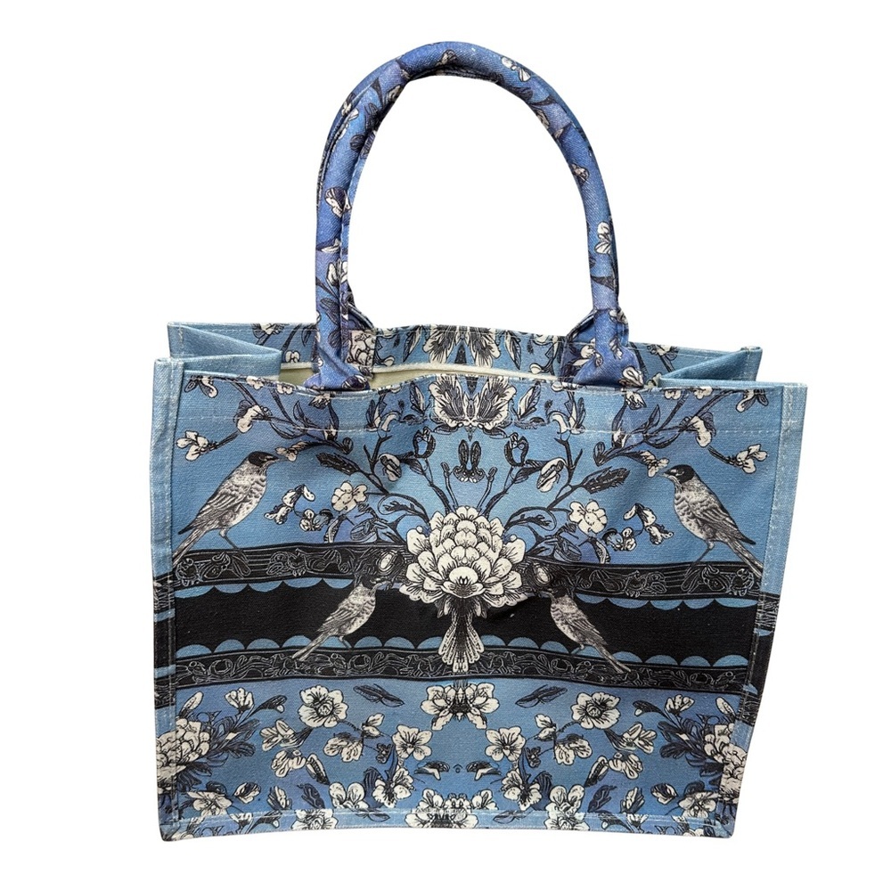 Boho Blue Bird Canvas Tote Bag Structured Floral Holiday Market OS
